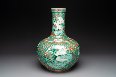 A large Chinese famille verte 'river landscape' 'tianqiu ping' vase, Chenghua mark, 19th C.