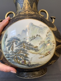 A Chinese famille rose faux-bronze 'landscape' 'hu' vase, dated 1949