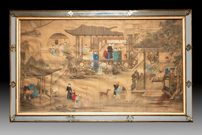 Chinese School: 'Vibrant court scene with an emperor', ink and colour on silk, 18th C.