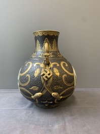 A Chinese famille rose faux-bronze 'landscape' 'hu' vase, dated 1949
