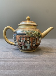 A fine Chinese Canton famille rose teapot with figures in a garden, Yongzheng
