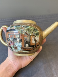 A fine Chinese Canton famille rose teapot with figures in a garden, Yongzheng