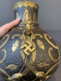 A Chinese famille rose faux-bronze 'landscape' 'hu' vase, dated 1949
