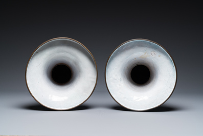 A pair of Chinese Canton enamel 'gu' vases with floral design, Qianlong