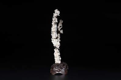 A Chinese white coral group of goddesses on wooden stand, 19/20th C.