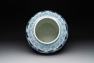 A large Chinese blue and white 'mythical creatures' jar, 'guan', Jiajing/Wanli