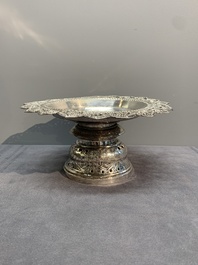 A silver tazza, four boxes and a large spoon, China and Thailand 19/20th C.