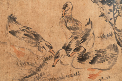 Yang Han 楊翰 (1812-1879): Four geese below a hibiscus tree, ink and colour on paper, dated 1861