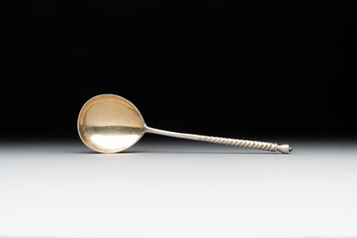A parcel-gilt silver spoon and a 'C.J.K.' engraved seal stamp, Russia and possibly France, 19/20th C.