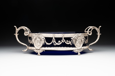 A silver and blue glass jardini&egrave;re, signed J.P. Legastelois, 19/20th C.