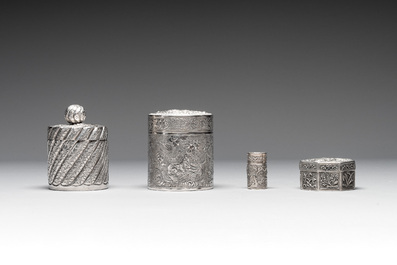 A silver tazza, four boxes and a large spoon, China and Thailand 19/20th C.