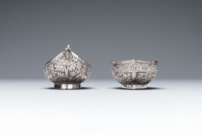 Four silver Kashkul bowls and a rectangular tray, India and Persia, 19/20th C.