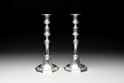 A pair of silver Louis XIV-style candle holders, Wolfers Fr&egrave;res, Brussels, 19/20th C.