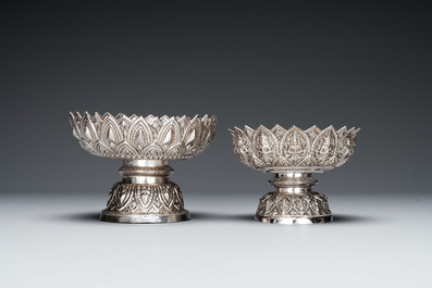 Three silver bowls and two tazzas, China, Thailand and Burma, 19/20th C.