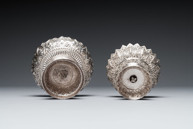 Three silver bowls and two tazzas, China, Thailand and Burma, 19/20th C.