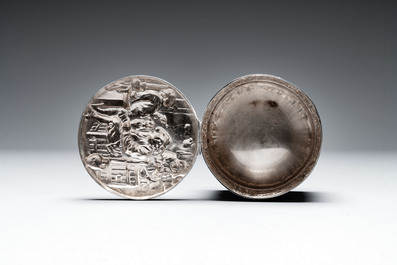 Two silver bottle stoppers, a tobacco box and a baby rattle with red coral teether, Germany, 19/20th C.