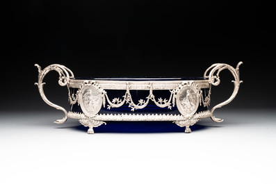 A silver and blue glass jardini&egrave;re, signed J.P. Legastelois, 19/20th C.