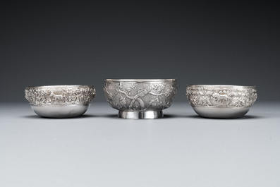 Three silver bowls and two tazzas, China, Thailand and Burma, 19/20th C.