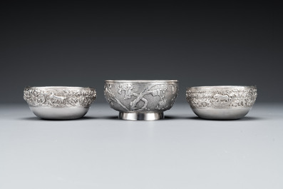 Three silver bowls and two tazzas, China, Thailand and Burma, 19/20th C.