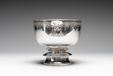A Thai silver punch bowl with tiger-form handles, เฉิน เว่ย ไท่ 陳偉泰 mark, Bangkok, 19th C.