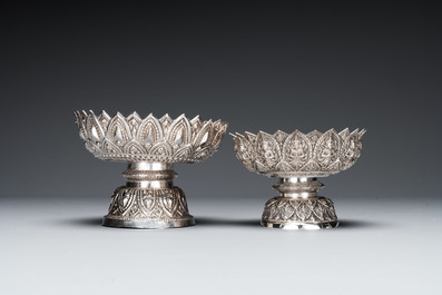 Three silver bowls and two tazzas, China, Thailand and Burma, 19/20th C.