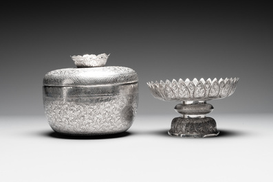 A Chinese silver bowl and cover on lotus-shaped stand, Li Hehe 李和合 and Zuyin 足銀 mark, 19th C.