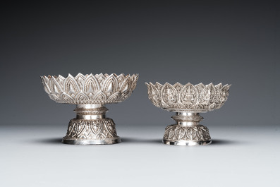 Three silver bowls and two tazzas, China, Thailand and Burma, 19/20th C.