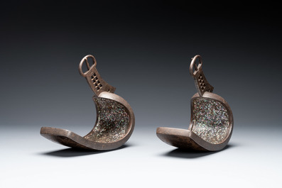 A pair of Japanese steel 'abumi' stirrups with silver and mother-of-pearl-inlay, Edo, 18/19th C.