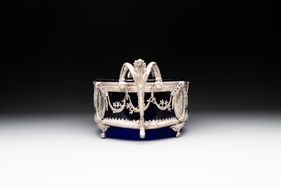 A silver and blue glass jardini&egrave;re, signed J.P. Legastelois, 19/20th C.