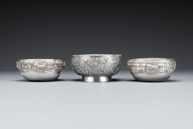 Three silver bowls and two tazzas, China, Thailand and Burma, 19/20th C.