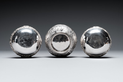 Three silver bowls and two tazzas, China, Thailand and Burma, 19/20th C.