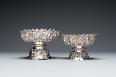 Three silver bowls and two tazzas, China, Thailand and Burma, 19/20th C.
