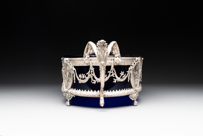 A silver and blue glass jardini&egrave;re, signed J.P. Legastelois, 19/20th C.