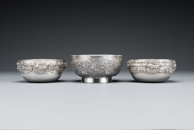Three silver bowls and two tazzas, China, Thailand and Burma, 19/20th C.