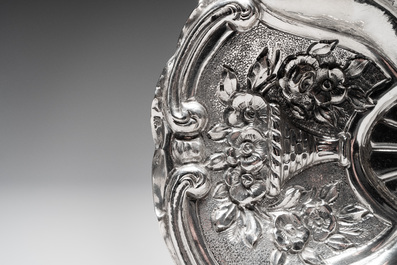 Three silver dishes with floral design, probably Germany, 19/20th C.