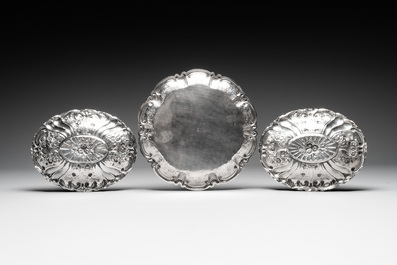 Three silver dishes with floral design, probably Germany, 19/20th C.
