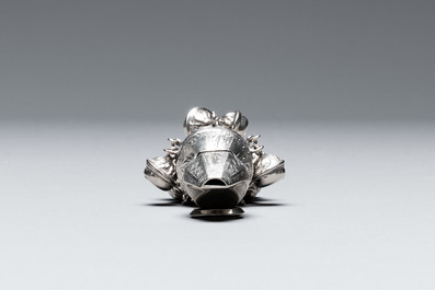 Two silver bottle stoppers, a tobacco box and a baby rattle with red coral teether, Germany, 19/20th C.