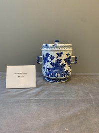 A Chinese blue and white two-handled container and cover with floral design, Kangxi