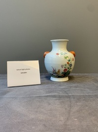 A Chinese famille rose 'rooster and flowers' 'hu' vase, Hua Ren Tang 懷仁堂 mark, Republic