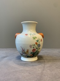 A Chinese famille rose 'rooster and flowers' 'hu' vase, Hua Ren Tang 懷仁堂 mark, Republic