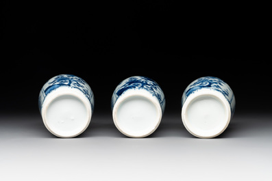 A Chinese blue and white garniture with five vases, Kangxi