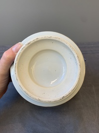 A Chinese blue and white two-handled container and cover with floral design, Kangxi