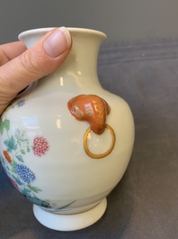 A Chinese famille rose 'rooster and flowers' 'hu' vase, Hua Ren Tang 懷仁堂 mark, Republic