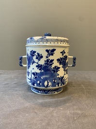 A Chinese blue and white two-handled container and cover with floral design, Kangxi