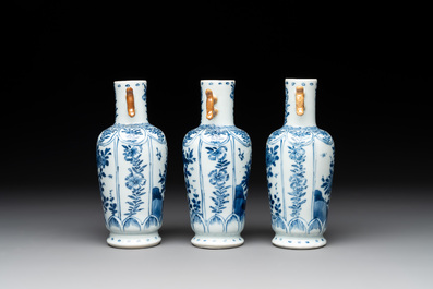 A Chinese blue and white garniture with five vases, Kangxi