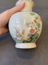 A Chinese famille rose 'rooster and flowers' 'hu' vase, Hua Ren Tang 懷仁堂 mark, Republic