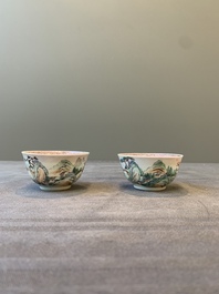 Two Chinese famille rose cups and three saucers with a fine landscape design, Yongzheng/Qianlong