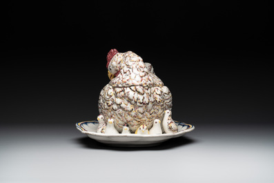 A polychrome French faience 'hen' tureen and cover, Ferri&egrave;re-la-Petite, 18th C.