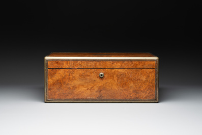 A burlwood- and rosewood veneered travel writing box, Pearce Maker 77 Cornhill London, dated 31st Dec. 1859