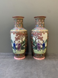 A pair of Chinese famille rose eggshell porcelain rouleau vases, Qianlong mark, Republic